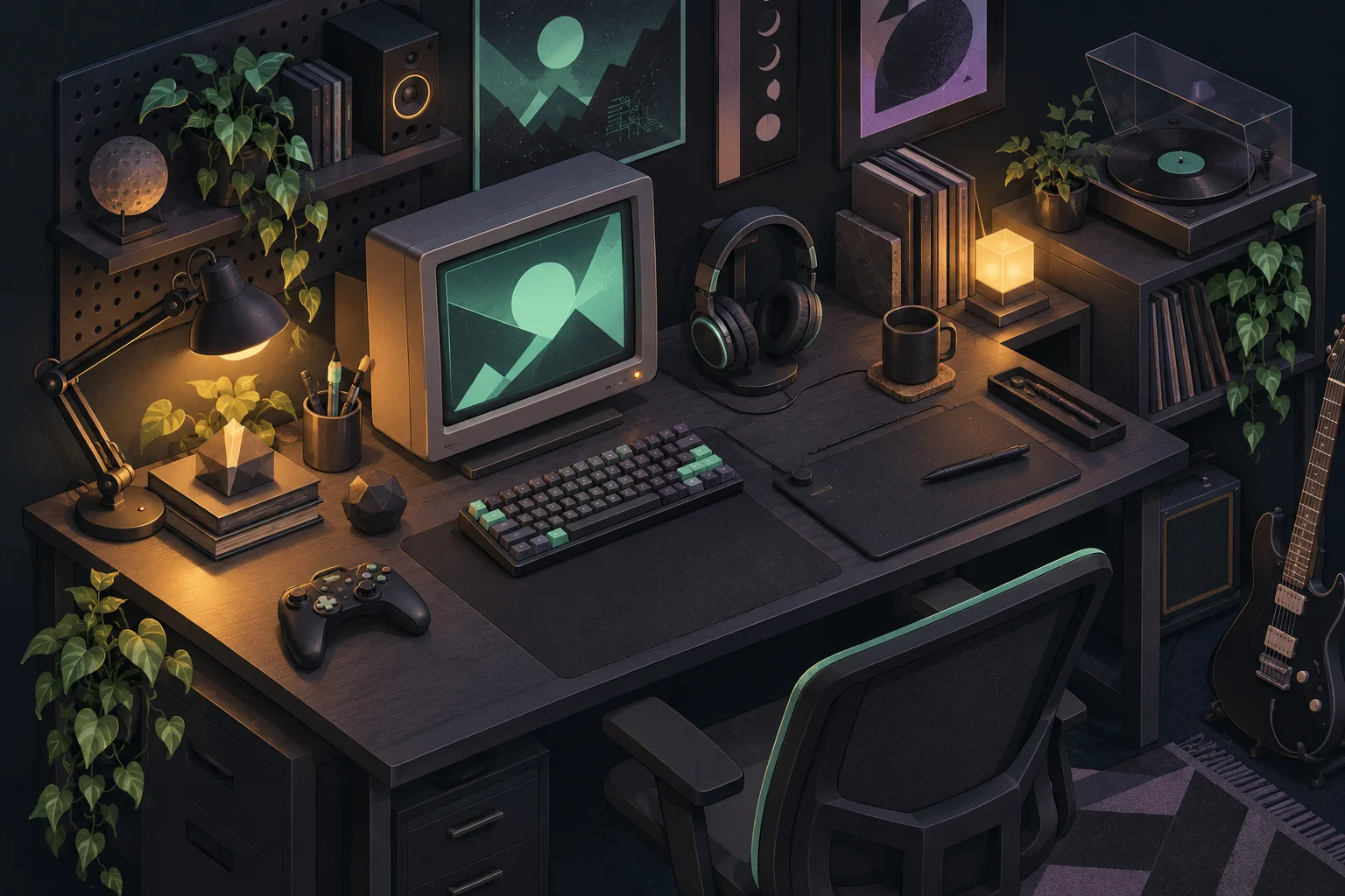 Illustrated workbench with a computer, headphones, and a drawing tablet